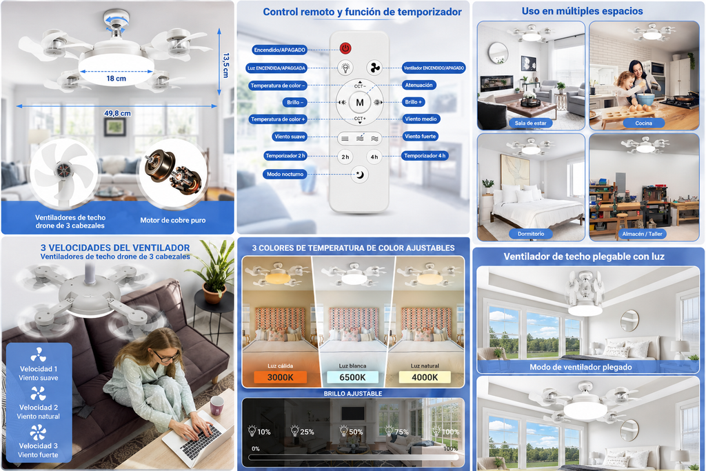 Ventilador de techo multifuncional con lámpara LED
